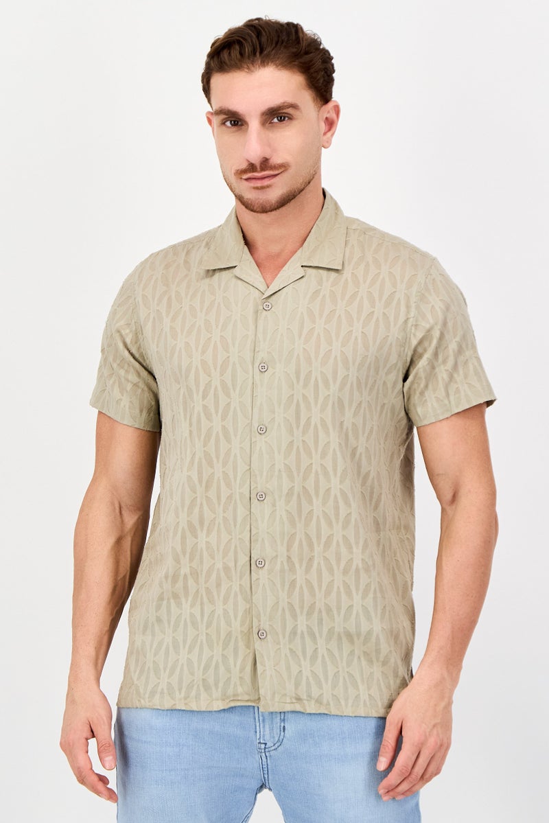 Threadbare Men Regular Fit Short Sleeve Textured Casual Shirt, Khaki - Image 1